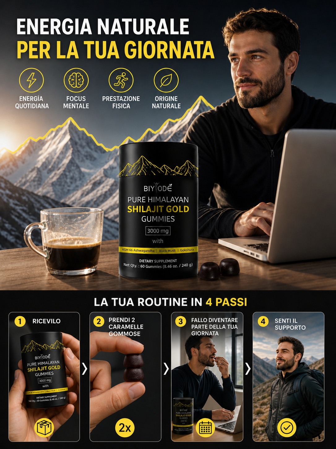 Caramelle Gommose di Shilajit 100% Puro dell'Himalaya (Confezione da 60 Gommose)