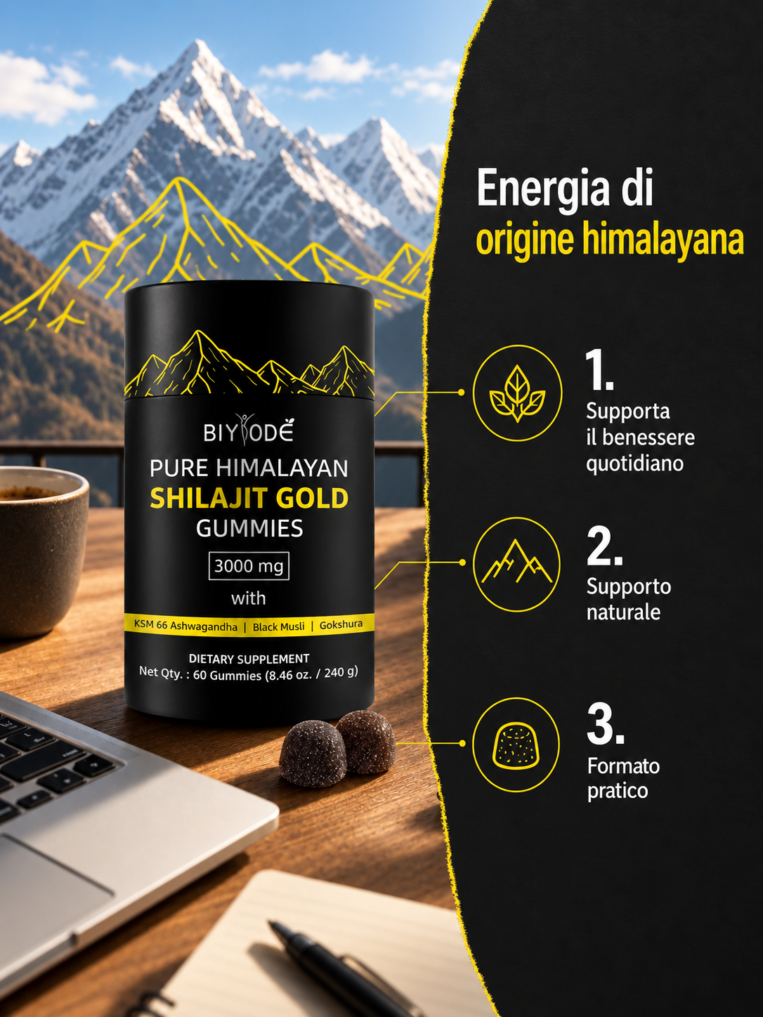 Caramelle Gommose di Shilajit 100% Puro dell'Himalaya (Confezione da 60 Gommose)