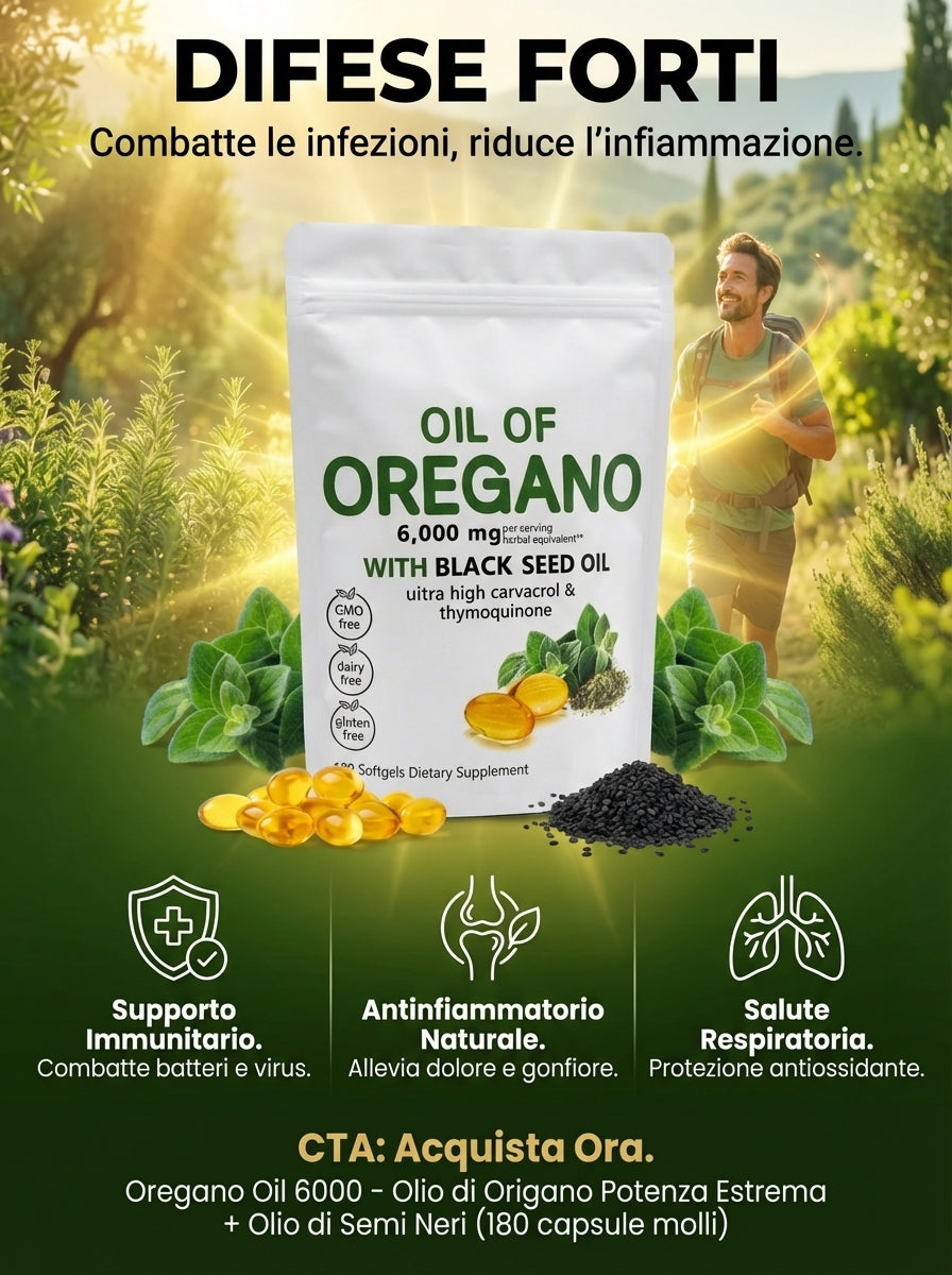Oregano Oil 6000 – Olio di Origano ad Alta Potenza + Olio di Semi Neri (60 capsule molli)